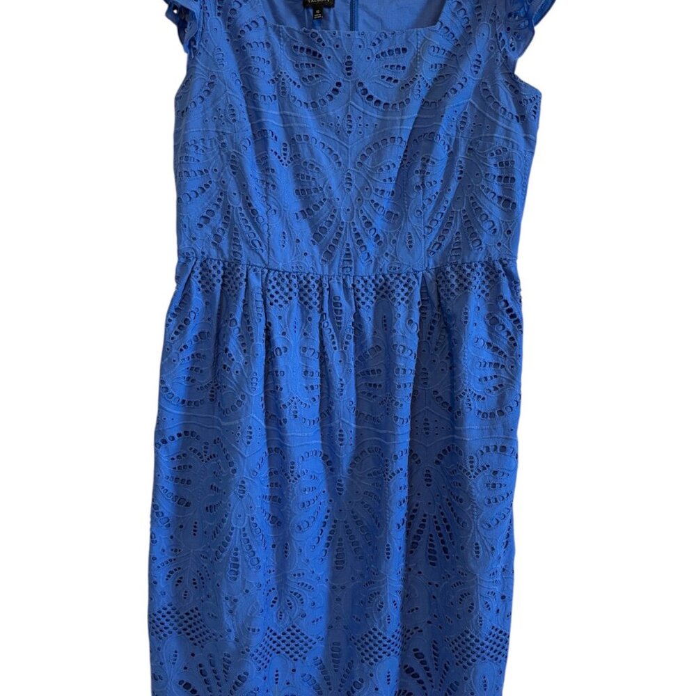 Talbots Summer Fun Blue Eyelet And Lined Fitted Waist Cap Sleeve Dress Size 10